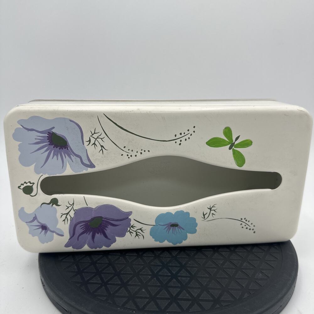 Vintage Ransburg 1950s Retro Hand Painted Blue Purple Floral Metal Tissue Box
